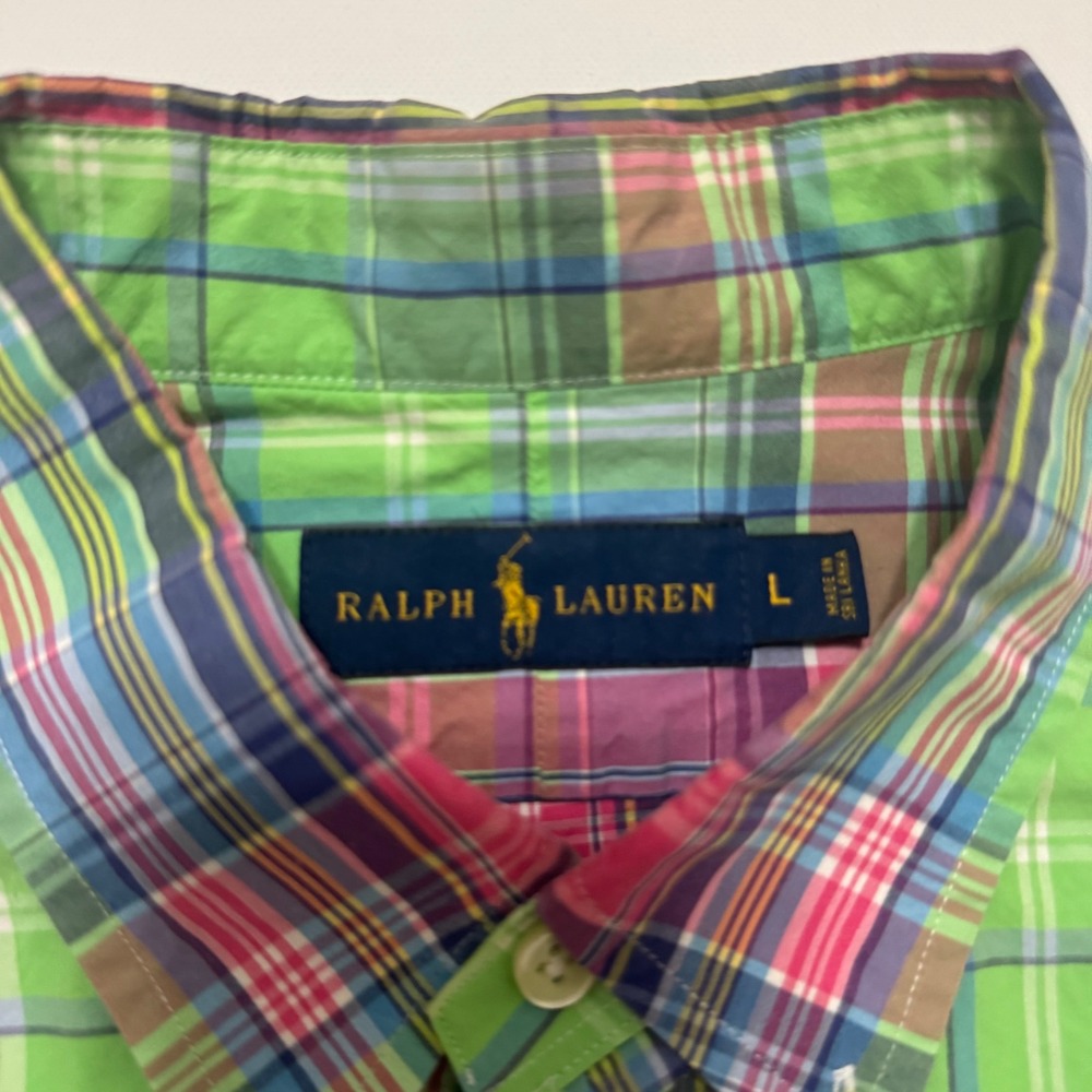 Ralph Lauren Button Down Shirt Mens L Green Plaid Excellent Long Sleeve Pony - Picture 4 of 7